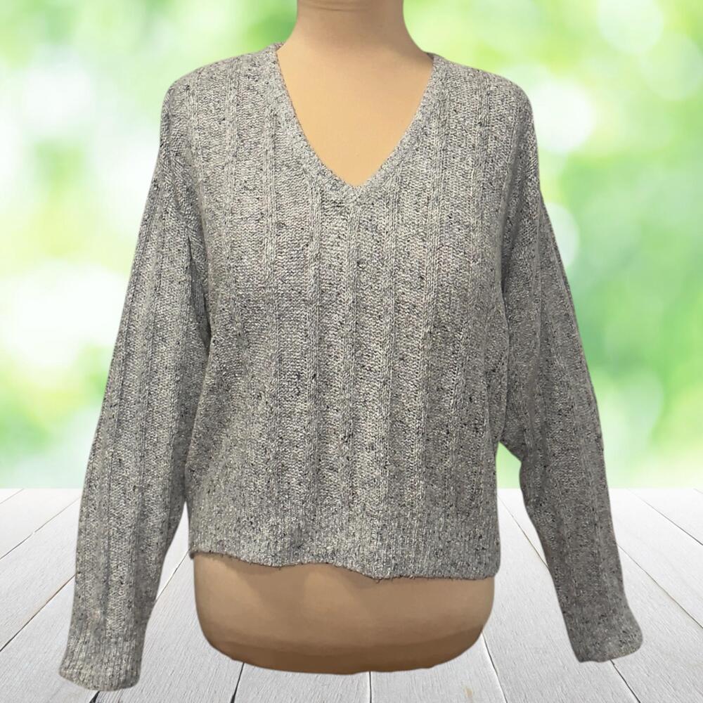 Vintage CAROLL CROSS Silk Angora Sweater Slub Knit Cropped Gray V Neck Size M